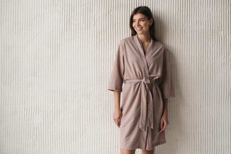 Portrait of woman in silk dressing gown standing near textured wall